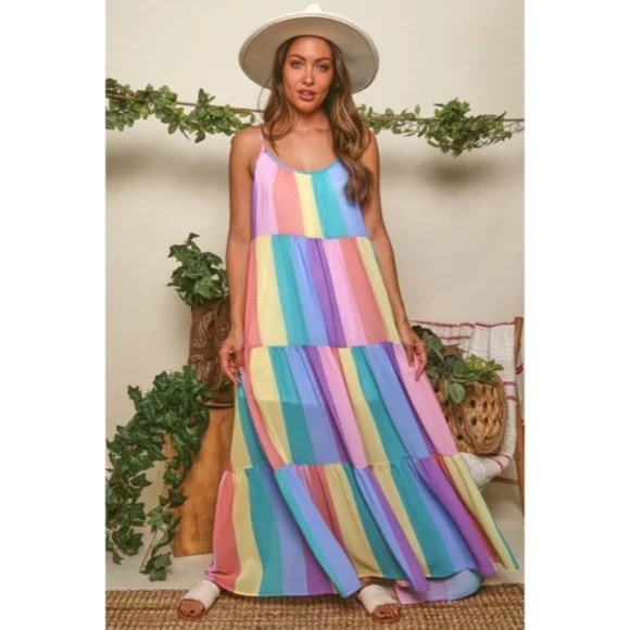 CLEARANCE Rainbow Colorful Multi Bright Striped Tiered Tie Shoulder Maxi Dress - Picture 3 of 7